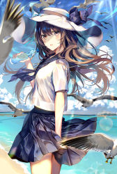 Rule 34 | 1girl, animal, beach, bird, blue bow, blue neckerchief, blue sailor collar, blue skirt, blue sky, blurry, blurry background, blush, bottle, bow, brown eyes, brown hair, cloud, commentary request, day, depth of field, flying, hair between eyes, hand up, hat, hat bow, holding, holding bottle, horizon, kouyafu, long hair, looking at viewer, looking to the side, neckerchief, ocean, original, outdoors, parted lips, pleated skirt, ramune, sailor collar, sand, school uniform, serafuku, shirt, short sleeves, signature, skirt, sky, solo, standing, very long hair, water, white hat, white shirt