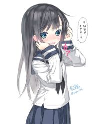 Rule 34 | 10s, 1girl, alternate costume, asashio (kancolle), black hair, blue eyes, blush, capriccio, embarrassed, hibanar, highres, kantai collection, long hair, long sleeves, looking at viewer, open mouth, school uniform, simple background, skirt, solo, translated, twitter username, wavy mouth, white background