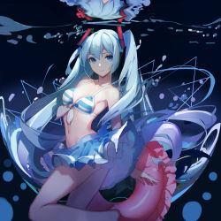 Rule 34 | 1girl, absurdres, bad id, bad pixiv id, bikini, bikini skirt, bikini top only, blue bikini, blue eyes, blue hair, blue skirt, from side, front-tie bikini top, front-tie top, hair between eyes, hatsune miku, highres, innertube, long hair, looking at viewer, navel, reflection, sidelocks, skirt, solo, striped bikini, striped bikini top, striped clothes, submerged, swim ring, swimsuit, thighs, twintails, twisted torso, underwater, very long hair, vocaloid, white bikini, x-red flower