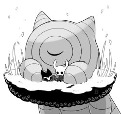 Rule 34 | 3others, bad id, bad pixiv id, bardoon, bug, cloak, closed eyes, commentary request, grass, grey cloak, greyscale, grimmchild, hollow eyes, hollow knight, horns, knight (hollow knight), lying, mask, monochrome, multiple others, no humans, sango (y1994318), simple background, sitting, size difference, sleeping, weapon, white background