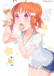 Rule 34 | 10s, 1girl, ahoge, alternate hairstyle, bad id, bad pixiv id, blue skirt, collarbone, commentary request, dripping, flower, flying sweatdrops, food, hair flower, hair ornament, holding, holding food, ice cream, ice cream cone, jewelry, kitahara tomoe (kitahara koubou), leaning forward, looking up, love live!, love live! sunshine!!, miniskirt, open mouth, paid reward available, pendant, ponytail, print shirt, red eyes, scrunchie, sexually suggestive, shirt, short sleeves, sidelocks, skirt, soft serve, solo, spoken blush, star (symbol), sweatdrop, takami chika, tongue, tongue out, translation request, twitter username, white shirt, wrist scrunchie
