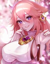 Rule 34 | 1girl, animal ears, bare shoulders, blurry, blurry background, blush, breasts, cherry blossoms, commentary request, detached sleeves, earrings, fox ears, genshin impact, hair between eyes, hair ornament, hands up, highres, japanese clothes, jewelry, large breasts, long hair, looking at viewer, pink hair, purple eyes, shirt, sideboob, smile, solo, upper body, very long hair, white shirt, wide sleeves, yae miko, yayoi maka