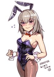 Rule 34 | 1girl, animal ears, black eyes, black leotard, blush, bow, bowtie, breasts, commentary request, commission, cowboy shot, detached collar, embarrassed, fake animal ears, fake tail, flying sweatdrops, girls und panzer, grey hair, itsumi erika, leotard, long hair, nekomata naomi, pantyhose, playboy bunny, rabbit ears, rabbit tail, red bow, red bowtie, simple background, skeb commission, sketch, small breasts, solo, strapless, strapless leotard, sweatdrop, tail, wavy mouth, white background, wrist cuffs