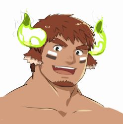Rule 34 | 1boy, :d, animal ears, artist request, bara, brown eyes, brown hair, check artist, collarbone, cow boy, cow ears, cow horns, criorio, facepaint, facial hair, fiery horns, forked eyebrows, glowing horns, goatee, horns, looking at viewer, male focus, muscular, muscular male, nude, open mouth, portrait, short hair, smile, solo, spiked hair, thick eyebrows, tokyo houkago summoners, upper body, wakan tanka, white background