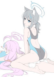 Rule 34 | 2girls, absurdres, ahoge, animal ear fluff, animal ears, bad id, bad pixiv id, barefoot, bikini, bikini skirt, black one-piece swimsuit, blue archive, blue eyes, blue one-piece swimsuit, blush, closed eyes, competition swimsuit, extra ears, eyewear on head, girl on top, grey hair, halo, heart, highres, hoshino (blue archive), hoshino (swimsuit) (blue archive), long hair, looking at viewer, lying, masabodo, multiple girls, on stomach, one-piece swimsuit, open mouth, parted lips, pink hair, ponytail, shiroko (blue archive), shiroko (swimsuit) (blue archive), sitting, sitting on person, sunglasses, swimsuit, twintails, very long hair, white bikini