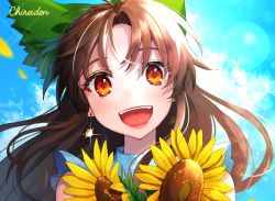 Rule 34 | 13 (spice!!), 1girl, :d, bare shoulders, blurry, blush, bow, brown hair, cloud, commentary request, day, depth of field, diffraction spikes, drop earrings, earrings, flower, glint, green bow, hair bow, jewelry, lens flare, long hair, looking at viewer, open mouth, outdoors, petals, portrait, red eyes, reiuji utsuho, sky, sleeveless, smile, solo, sunflower, teeth, touhou, upper teeth only, yellow flower