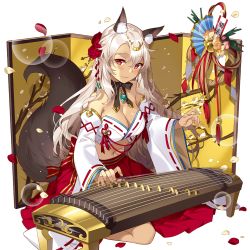 Rule 34 | 1girl, 3:, animal ears, artist request, bare shoulders, blush, breasts, character request, choker, cleavage, closed mouth, crescent, crescent hair ornament, dark-skinned female, dark skin, detached sleeves, flower, glint, grey hair, hair flower, hair ornament, hair stick, hakama, hakama skirt, instrument, japanese clothes, long hair, magatama, magatama necklace, midriff, navel, necklace, petals, red eyes, ribbon-trimmed sleeves, ribbon choker, ribbon trim, shamisen, skirt, solo, tail, transparent background, uchi no hime-sama ga ichiban kawaii, wide sleeves