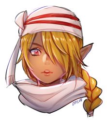 Rule 34 | 1girl, androgynous, bandages, blonde hair, dark skin, dark-skinned female, earrings, hyrule warriors, jewelry, long hair, looking at viewer, nintendo, onisuu, open mouth, pointy ears, red eyes, reverse trap, sheik, simple background, solo, the legend of zelda, the legend of zelda: ocarina of time, white background