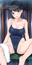Rule 34 | 1girl, absurdres, black hair, black one-piece swimsuit, blush, breasts, cleavage, collarbone, commentary request, competition school swimsuit, cowboy shot, highleg, highleg swimsuit, highres, large breasts, long hair, looking at viewer, mizunashi kenichi, one-piece swimsuit, open mouth, original, purple eyes, school swimsuit, sitting, smile, solo, spread legs, swimsuit, towel, white towel
