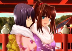 Rule 34 | 2girls, alternate costume, alternate hairstyle, aozaki aoko, aqua eyes, black hair, brown hair, closed eyes, closed mouth, commentary request, floral print, fur collar, furisode, hair between eyes, hair intakes, hair ornament, japanese clothes, kimono, kuonji alice, long hair, looking at another, mahou tsukai no yoru, multiple girls, pink kimono, ponytail, print kimono, purple kimono, short hair, sidelocks, smile, upper body, yuuk33