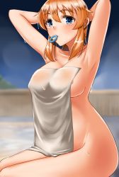 Rule 34 | 1girl, adjusting hair, areola slip, armpits, arms behind head, arms up, blue eyes, blush, breasts, brown hair, charlotte e. yeager, cleavage, collarbone, covering privates, highres, hiroshi (hunter-of-kct), large breasts, long hair, looking at viewer, naked towel, night, nude cover, onsen, outdoors, sky, solo, strike witches, sweat, towel, world witches series