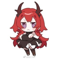 Rule 34 | 1girl, :&lt;, arknights, baiwei er hao ji, black dress, black thighhighs, blush, chibi, crossed arms, demon horns, dress, full body, horns, jitome, long hair, long sleeves, lowres, purple eyes, red hair, simple background, solo, standing, surtr (arknights), thighhighs, very long hair, weibo logo, weibo watermark, white background