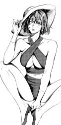 Rule 34 | 1girl, absurdres, bikini, blush, bracelet, breasts, cleavage, closed mouth, collarbone, criss-cross halter, dudlesnoodles, earrings, fubuki (one-punch man), greyscale, groin, halterneck, hat, highres, holding, holding clothes, holding hat, indian style, jewelry, looking at viewer, medium breasts, monochrome, nail polish, navel, one-punch man, shoes, short hair, sitting, solo, sun hat, swimsuit