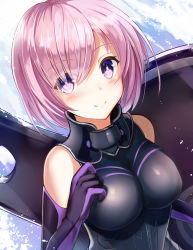 Rule 34 | 1girl, armor, boobplate, breastplate, breasts, elbow gloves, eyes visible through hair, fate/grand order, fate (series), gloves, looking at viewer, mash kyrielight, medium breasts, pink hair, purple eyes, purple gloves, sakura ani, shield, short hair, smile, solo, upper body