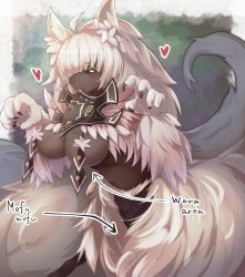 Rule 34 | 1girl, ahoge, animal ear fluff, animal hands, arrow (symbol), black sclera, blush, breasts, bunyip (monster girl encyclopedia), claw pose, claws, colored sclera, commentary, dark-skinned female, dark skin, diagonal bangs, english text, eyes visible through hair, fluffy, fur, green eyes, hair over one eye, heart, highres, lamia, large breasts, looking at viewer, mask, monster girl, monster girl encyclopedia, solo, white fur, white hair, yonaga san