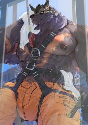 Rule 34 | 1boy, abs, animal ears, bara, bulge, cleaning, cleaning windows, furry, furry male, harness, helmet, highres, lvluri (murimurri670), male focus, nipples, orange pants, pants, pectorals, rolf (world flipper), squeegee, sweat, tail, topless male, towel, very sweaty, white towel, window, wiping face, wolf boy, wolf ears, wolf tail, world flipper