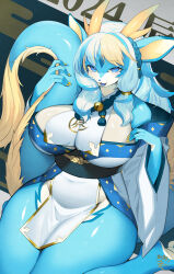 Rule 34 | 1girl, 2024, animal ears, animal nose, blonde hair, blue eyes, blue hair, blue tongue, breasts, chinese zodiac, colored tongue, dated, dragon ears, dragon girl, dragon horns, dragon tail, furry, furry female, highres, horns, kishibe, large breasts, looking at viewer, multicolored hair, new year, open mouth, original, pelvic curtain, signature, snout, solo, tail, thick thighs, thighs, white hair, year of the dragon, yellow horns