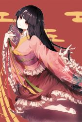 Rule 34 | 1girl, absurdres, bamboo, barefoot, belt, black hair, blouse, breasts, closed mouth, egasumi, frills, hand fan, hands up, highres, hime cut, holding, houraisan kaguya, japanese clothes, long hair, long sleeves, looking at viewer, medium breasts, pink eyes, pink shirt, pink sleeves, purple belt, red background, red skirt, seiza, shirt, sitting, skirt, smile, solo, somei ooo, teeth, touhou, wide sleeves