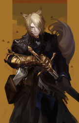 Rule 34 | 1boy, absurdres, animal ears, arknights, black coat, black pants, blonde hair, closed mouth, coat, commentary, drawing sword, gauntlets, hair over one eye, highres, hisafuji, holding, holding sword, holding weapon, horse ears, horse tail, looking at viewer, male focus, mlynar (arknights), one eye covered, pants, sheath, short hair, simple background, single gauntlet, solo, sword, tail, trench coat, unsheathing, weapon, yellow background, yellow eyes