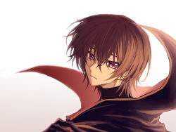 Rule 34 | 1boy, black cape, black gloves, black hair, cape, code geass, expressionless, gloves, hair between eyes, high collar, highres, lelouch vi britannia, looking at viewer, male focus, okuseric, portrait, purple eyes, simple background, solo, turtleneck, white background