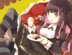 Rule 34 | 10s, 1girl, bad id, bad pixiv id, blue eyes, blue hair, breasts, cake, colored inner hair, eating, female focus, food, gothic lolita, lolita fashion, long hair, matching hair/eyes, multicolored hair, nekotewi, panty &amp; stocking with garterbelt, smile, solo, stocking (psg), striped clothes, striped thighhighs, thighhighs