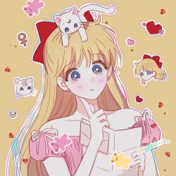Rule 34 | 1girl, aino minako, animal, animal on head, artemis (sailor moon), bear, bishoujo senshi sailor moon, blonde hair, blue eyes, cat, cat on head, chibi, commentary, dress, earrings, finger to cheek, hair ribbon, heart, highres, holding, holding paper, jewelry, letter, long hair, moon, on head, paper, pink dress, red ribbon, ribbon, simple background, symbol-only commentary, yellow background, yoursincere