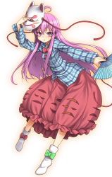 Rule 34 | 1girl, :o, blush, bow, bubble skirt, expressionless, folding fan, fox mask, hand fan, hata no kokoro, long hair, long sleeves, looking at viewer, mask, open mouth, pink eyes, pink hair, plaid, plaid shirt, shirt, simple background, skirt, solo, touhou, uousa-ou