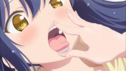 Rule 34 | 10s, anime screenshot, blue hair, end card, highres, hinako note, natsukawa kuina, screencap, solo, tongue, tooth, yellow eyes