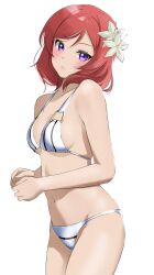 Rule 34 | 1girl, bare shoulders, bikini, breasts, cleavage, closed mouth, collarbone, commentary request, flower, groin, hair flower, hair ornament, hanamaruyama628, highres, looking at viewer, love live!, love live! school idol project, medium hair, midriff, navel, nishikino maki, parted lips, purple eyes, red hair, small breasts, solo, standing, swept bangs, swimsuit, upper body, white background, white bikini