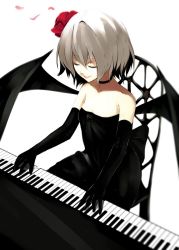 Rule 34 | 1girl, alternate costume, alternate hair color, bare shoulders, bat wings, black dress, black gloves, chair, choker, closed eyes, dress, fami (yellow skies), flower, gloves, grey hair, hair flower, hair ornament, highres, image sample, instrument, md5 mismatch, music, no headwear, parted lips, petals, piano, playing instrument, remilia scarlet, resized, ribbon, short hair, simple background, sitting, smile, solo, strapless, strapless dress, touhou, white background, wings