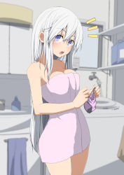 Rule 34 | 1girl, :o, ^^^, bad id, bad pixiv id, bare arms, bare shoulders, bathroom, blue eyes, blush, breasts, cabinet, cleavage, commentary request, cowboy shot, hair between eyes, holding, holding clothes, holding panties, holding underwear, indoors, looking at viewer, medium breasts, naked towel, open mouth, original, panties, unworn panties, pink panties, salpin, shelf, simple background, soap bottle, solo, straight hair, towel, underwear