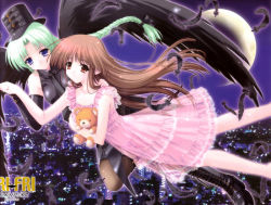 Rule 34 | 2girls, blue eyes, braid, brown hair, can you read my mind, cityscape, crescent moon, cropped, elbow gloves, feathers, fingerless gloves, flying, gloves, green hair, hat, holding hands, kimizuka aoi, lingerie, long hair, lost passage, moon, multiple girls, night, nightgown, panties, pantyhose, red eyes, see-through, stuffed animal, stuffed toy, teddy bear, underwear, wings