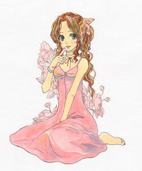 Rule 34 | 1990s (style), 1girl, aerith gainsborough, bad id, bad pixiv id, barefoot, bracelet, brown hair, cropped jacket, curly hair, dress, final fantasy, final fantasy vii, floral print, green eyes, highres, jewelry, long dress, long hair, miyamo, pink dress, ponytail, sitting, smile, solo, traditional media