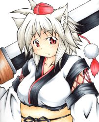 Rule 34 | 1girl, absurdres, alternate costume, animal ears, blush, breasts, collarbone, detached sleeves, dougi, fang, fang out, hat, highres, huge weapon, inte (whitewolftail), inubashiri momiji, kourindou tengu costume, large breasts, long sleeves, looking at viewer, obi, over shoulder, pom pom (clothes), red eyes, ribbon, sash, silver hair, slit pupils, solo, sword, sword over shoulder, tokin hat, touhou, traditional media, weapon, weapon over shoulder, wolf ears