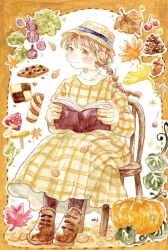 Rule 34 | 1girl, autumn, autumn leaves, book, braid, brown footwear, brown hair, chair, closed mouth, dress, food, full body, hat, highres, holding, holding book, leaf, long hair, long sleeves, looking at viewer, on chair, oniheya 53, open book, original, painting (medium), plaid, plaid dress, pumpkin, signature, smile, solo, traditional media, watercolor (medium)