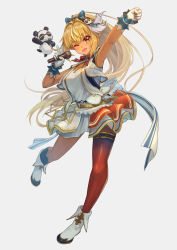 Rule 34 | 1girl, ;d, ahoge, alternate costume, arm up, armpits, blonde hair, blue bow, blush, boots, bow, breasts, center opening, clenched hand, commentary, dark-skinned female, dark skin, dress, eyelashes, full body, gloves, grey background, hair between eyes, hair bow, hair ornament, highres, hololive, kintsuba (shiranui flare), large bow, long hair, looking at viewer, medium breasts, microphone, multicolored hair, music, neck ribbon, official alternate costume, one eye closed, open mouth, panda hair ornament, pointy ears, ponytail, raised fist, red eyes, red ribbon, red thighhighs, ribbon, sakumichi, shiranui flare, short dress, simple background, singing, single thighhigh, sleeveless, sleeveless dress, smile, standing, standing on one leg, streaked hair, striped ribbon, thighhighs, two-tone hair, v, virtual youtuber, white bow, white dress, white footwear, white gloves, white hair, wrist cuffs