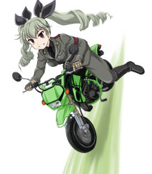 Rule 34 | 10s, 1girl, anchovy (girls und panzer), belt, black footwear, black shirt, blouse, boots, dress shirt, drill hair, full body, girls und panzer, gloves, grey jacket, grey pants, grin, hair ribbon, highres, jacket, knee boots, long hair, long sleeves, looking at viewer, military, military uniform, motor vehicle, motorcycle, necktie, pants, pants tucked in, ribbon, riding, shirt, shoulder belt, simple background, smile, solo, twin drills, twintails, uniform, wan&#039;yan aguda, white background