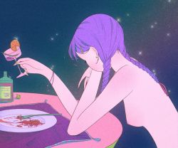 Rule 34 | 1girl, bottle, braid, breasts, cup, earrings, food, fork, fruit, green nails, hair ornament, hairclip, highres, holding, holding cup, jewelry, long hair, nail polish, nipples, nude, orange (fruit), orange slice, original, pasta, plate, purple hair, rasukusekai, shadow, small breasts, solo, spaghetti, sparkle, table, twin braids, upper body