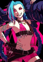 Rule 34 | 1girl, bare shoulders, belt, blue hair, braid, bullet, cannon, fingerless gloves, gloves, grin, hairline, highres, jewelry, jinx (league of legends), league of legends, long hair, looking at viewer, necklace, over shoulder, pink eyes, shorts, smile, solo, tattoo, twin braids, very long hair, weapon, weapon over shoulder