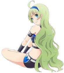 Rule 34 | 1girl, ahoge, aqua eyes, armband, bare shoulders, belt, black armband, black belt, black choker, black gloves, black shorts, blue hairband, blue shirt, chest belt, choker, closed mouth, commentary request, crop top, elbow gloves, eyelashes, from behind, gloves, green hair, hairband, idolmaster, idolmaster million live!, long hair, looking at viewer, looking back, shimabara elena, shirt, shorts, sitting, sleeveless, sleeveless shirt, smile, solo, spiked belt, stomach, transparent background, very long hair, wavy hair, white belt, witoi (roa)