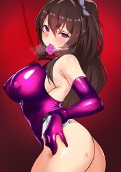 Rule 34 | 1girl, ass, breasts, brown hair, condom, condom in mouth, condom wrapper, curvy, ddalrim, detached sleeves, from side, hair ribbon, hand on own hip, highres, hypnosis, large breasts, leash, leotard, looking at viewer, mind control, mouth hold, naughty face, original, purple legwear, red ribbon, ribbon, shiny clothes, skin tight, skindentation, solo, sweat
