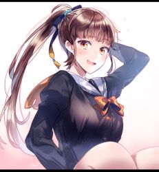 Rule 34 | 1girl, blush, breasts, brown hair, commentary request, eyebrows, hair ribbon, large breasts, long hair, long sleeves, looking at viewer, moe on drop, mole, mole under eye, open mouth, original, ponytail, ribbon, school uniform, solo, sweatdrop, upper body, yellow eyes