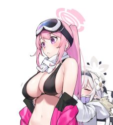 Rule 34 | 2girls, bare shoulders, bikini, black bikini, blue archive, blush, breasts, dasdokter, eimi (swimsuit) (blue archive), flower, goggles, goggles on head, grabbing, grabbing another&#039;s breast, hair flower, hair ornament, hairband, halo, highres, himari (blue archive), jacket, large breasts, long hair, mole, mole under eye, multiple girls, navel, official alternate costume, open clothes, open jacket, pink eyes, pink hair, pink jacket, pointy ears, ponytail, simple background, ski goggles, swimsuit, white background, white hair