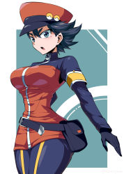 Rule 34 | 1girl, black gloves, black hair, blue background, blue eyes, breasts, cowboy shot, creatures (company), game freak, gloves, hat, highres, jacket, long sleeves, looking at viewer, medium breasts, mole, mole under eye, narrow waist, nintendo, open mouth, pokemon, pokemon masters ex, pokemon ranger (pokemon), shimure (460), short hair, solo, tongue, two-tone background, white background