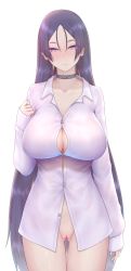 Rule 34 | 1girl, blush, breasts, censored, choker, cleavage, cleft of venus, earrings, fate/grand order, fate (series), groin, heart, heart censor, highres, jewelry, large breasts, long hair, minamoto no raikou (fate), naked shirt, nikuku (kazedesune), purple eyes, purple hair, pussy, shirt, simple background, sleeveless, smile, solo, white background