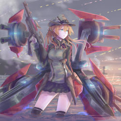Rule 34 | 1girl, anchor, anchor hair ornament, aqua eyes, black ribbon, black skirt, blonde hair, commentary request, cross, gloves, hair ornament, hat, highres, iron cross, kantai collection, kneehighs, long hair, low twintails, machinery, microskirt, military, military hat, military uniform, peaked cap, prinz eugen (kancolle), ribbon, skirt, socks, solo, twintails, uniform, white gloves, yomi (yomi14 pyaon)