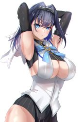 Rule 34 | 1girl, black gloves, blue eyes, blue hair, blush, bow, bow earrings, breasts, chain, cleavage, clothing cutout, detached sleeves, earrings, gloves, hair intakes, highres, hololive, hololive english, jewelry, large breasts, looking at viewer, ouro kronii, ouro kronii (1st costume), scowl, short hair, simple background, skirt, solo, thighhighs, upper body, virtual youtuber, white background, yahan (mctr5253)