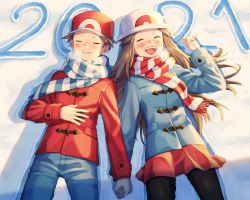 Rule 34 | 1boy, 1girl, 2021, :d, adapted costume, blush, breath, brown hair, closed eyes, commentary request, creatures (company), day, game freak, hand up, hat, highres, holding hands, jacket, leaf (pokemon), long hair, long sleeves, lying, nintendo, on back, open mouth, outdoors, pants, pantyhose, parted lips, pokemon, pokemon frlg, red (pokemon), red headwear, red jacket, scarf, scbstella, short hair, skirt, smile, snow, striped clothes, striped scarf, teeth, tongue, upper teeth only, white headwear, winter clothes
