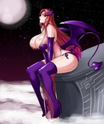 Rule 34 | 1girl, boots, breasts, cleavage, demon girl, demon horns, demon tail, demon wings, devil-v, high heel boots, high heels, highres, horns, huge breasts, moon, stiletto heels, demon girl, thigh boots
