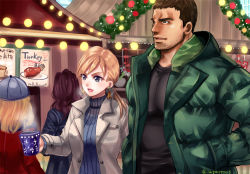 Rule 34 | 1boy, 3girls, blonde hair, blue eyes, breasts, brown hair, chris redfield, cup, earrings, english text, jacket, jewelry, jill valentine, long hair, medium breasts, multiple girls, nagare, open mouth, ponytail, resident evil, resident evil 5, sweater